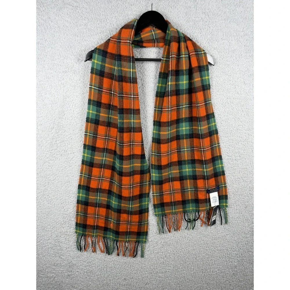 NWT Polo Ralph Lauren Wool Tartan Plaid in Orange Green Navy Scarf w Finge 72x12